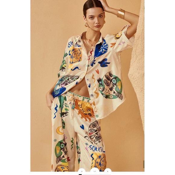 Commense Pants - Commense 2 Piece Matching Set Medium Cream Multi NWT Graphic Print Palazzo Pants
